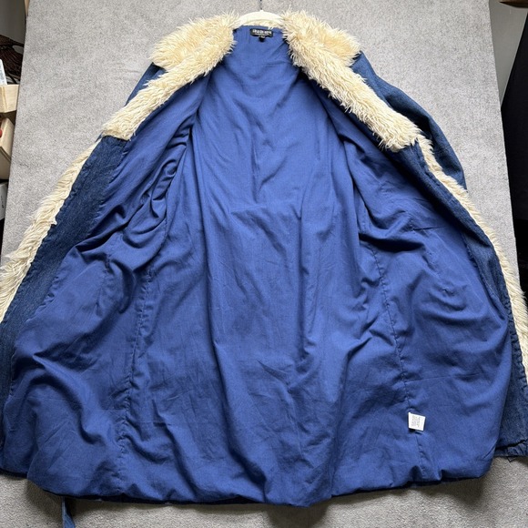 Penny Lane Coat Denim Faux Sherpa Teddy Lined Belted Long Retro 70s Style Large - Picture 6 of 11